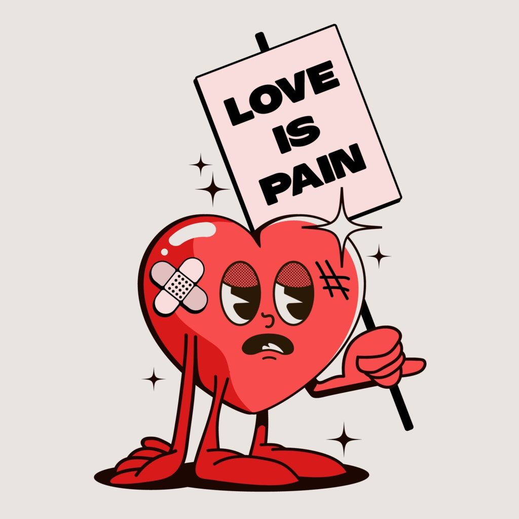 Heart cartoon with stitches holding banner "love is pain"