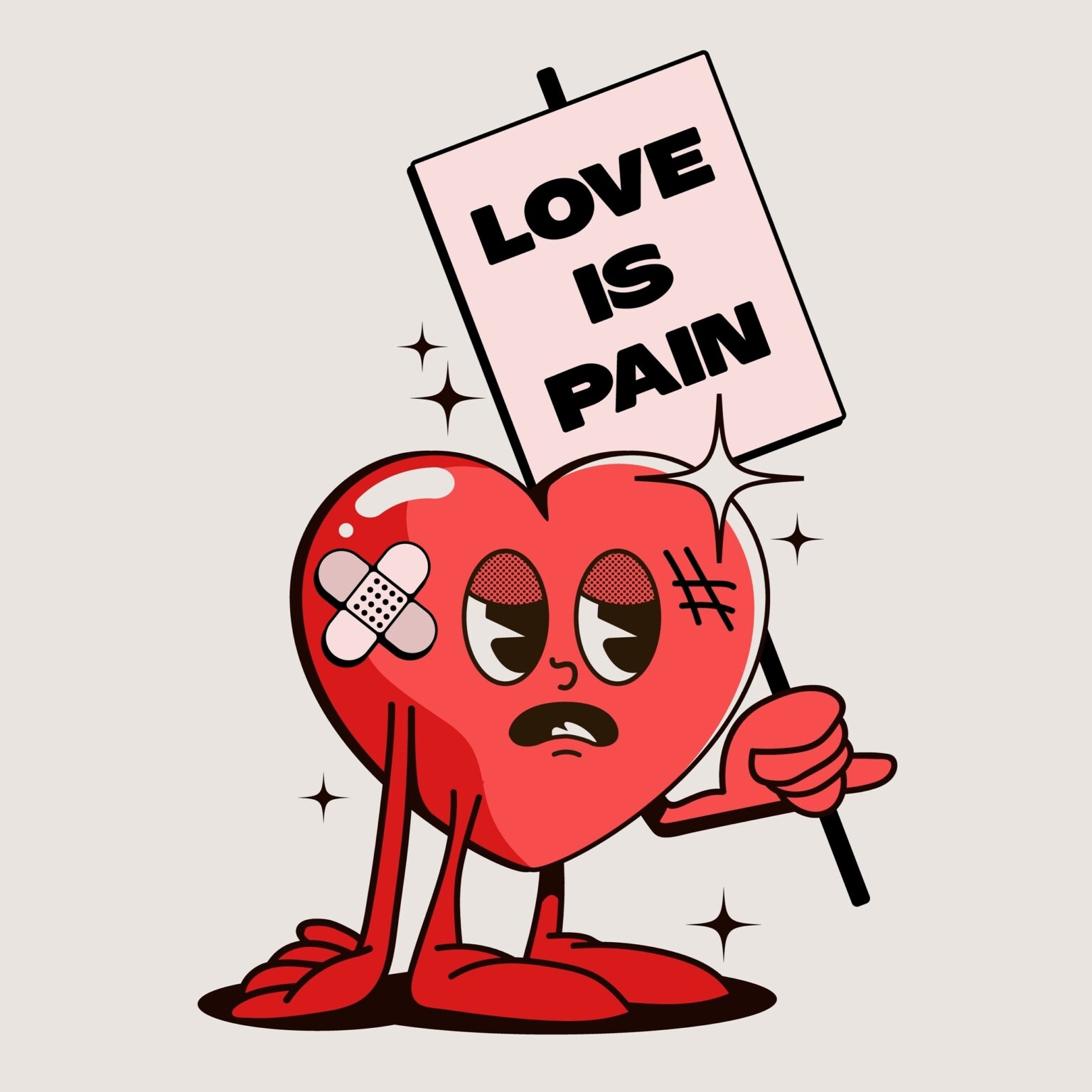Heart cartoon with stitches holding banner love is pain